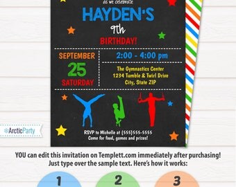 Gymnastics Invitations - Boys Gymnastics Birthday Invitations - Mens Gymnastics Invitation - INSTANTLY Downloadable & Editable File!