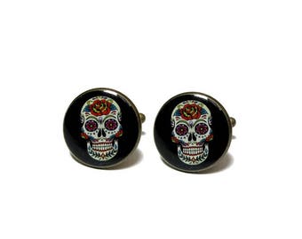 Custom Wedding Cufflinks - Sugar Skull Cufflinks - Mexico Skull Cuff Links - Day Of The Dead Cufflink - Idea Wedding Cufflinks - men gift