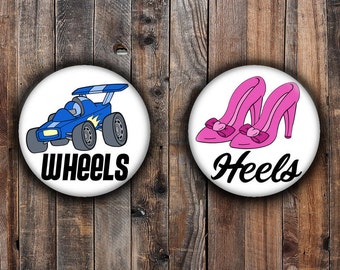Wheels or Heels Gender reveal pins. Pink heel and blue car.