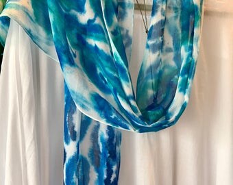Hand Painted Silk Chiffon Scarf - Aquatic