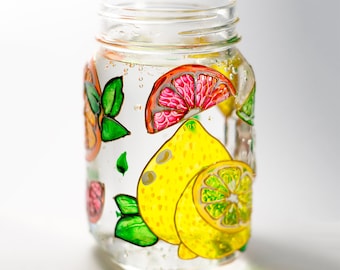 Travel Mug, Citrus Mason Jar with handle and lid, Summer outdoors, Travel her Wedding Mason Jars, Drinking Glasses, Lemonade Party