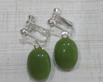 Olive Green Clip On Earrings, Dangle Clip on Earrings, Olive Green Jewelry, Fused Glass Jewelry - Teela -7