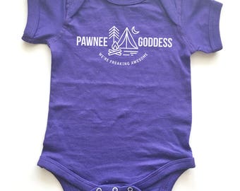 Parks and Recreation inspired shirt for baby. Pawnee Goddess Camping - tent and campfire bodysuit. Funny kid clothing.
