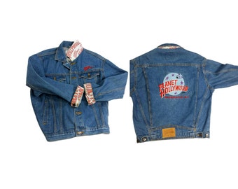90s Denim Jean Jacket Planet Hollywood Washington D.C. Vintage Embroidered Patch Grunge Hip Hop Clothing 80s