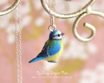 Tiny Hand-Sculpted Blue tit Pendant with Chain or Pair of Hook Earrings