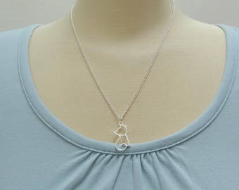 Silver Hollow Cat Necklace/Cat Jewelry/Cat Lovers Necklace/Feline Jewelry - Ready to Ship