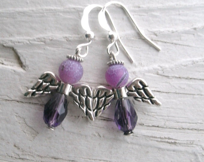 Angel Earrings - Purple crystal and agate beads. Swarovski Crystal Angels,keepsake, handmade earrings, silver wings and silver halo, love