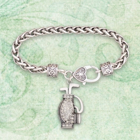 Golf Clubs and Bag Rhinestone Charm Bracelet