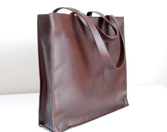 Elegant Simple Leather Bag, Genuine Leather Women Tote, Dark Brown Leather Bag Tote, Chocolate Women Purse, Italian leather huge bag