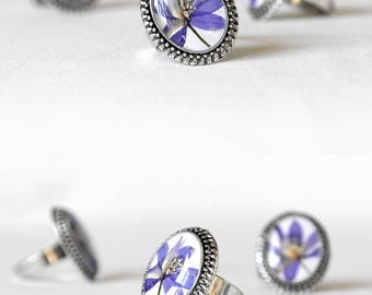 Blue ring for gift|for|her Charm ring for women Pressed flower ring Terrarium jewelry resin ring her Boho ring Antique ring Real flower ring