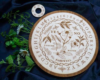 Wooden Ouija Board Round Spirit Board Specialty Designed Floral Herbal Game Plants Flowers Spiritual