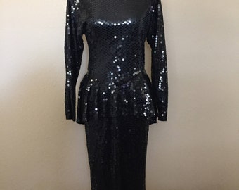 Vintage 1980s Oleg Cassini Black Sequence Wedding Pleplum Evening Designer Dress Size 8