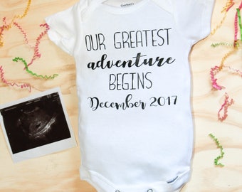 Our Greatest Adventure begins | Custom Baby Onesie| | Baby Announcement| Pregnancy Reveal| Baby Shower Gift| Hand Lettered Onesie| Bodysuits