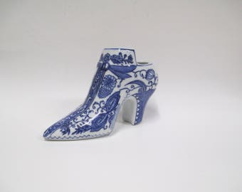 Vintage Baum Bros Styles Eyes Ceramic Shoe, Cobalt Blue & White Painted China Figural Flower Planter Vase