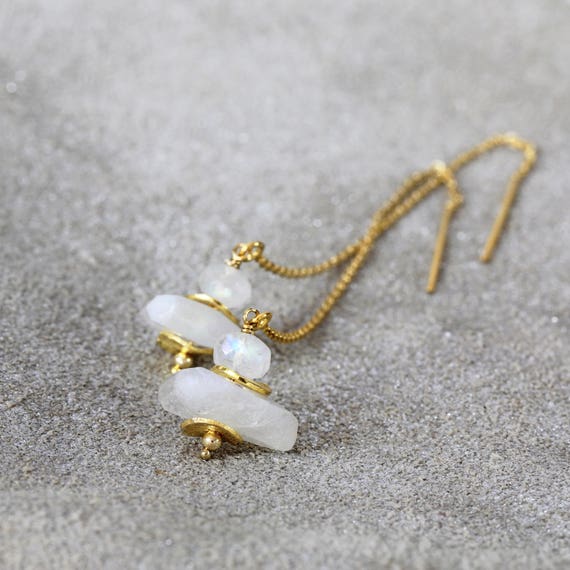 Moonstone Earrings - Gold Threader Earrings - June Birthstone - White Gold Earrings - Wedding Earrings - White Stone Earrings