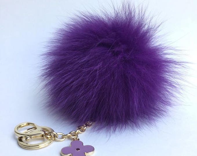 Purple Fur Pompon bag charm pendant Fur Pom Pom keychain with flower charm