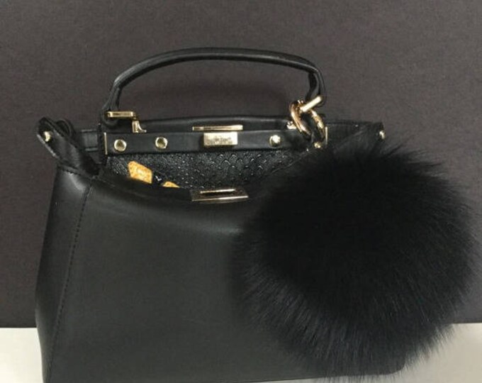 Giant Black fox 6 inch Fox Fur Pom pom keychain fur bag charm bag pendant keyring