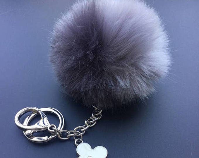 Faux Duo Light Grey Dark Grey Fur Pom Pom bag Keyring keychain pom pom fake fur ball