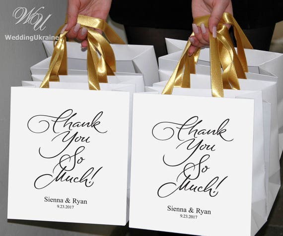 25 Thank you Welcome Bags for Wedding guests with Gold satin