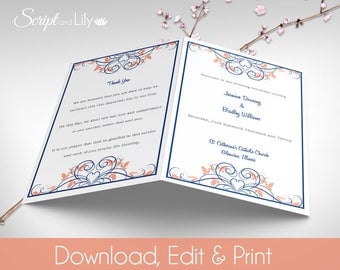Catholic Wedding Program Template | INSTANT DOWNLOAD | Ornate | EDITABLE Text | Dark Blue | Coral | ' Flourish ' | 5.5" x 8.5" folded