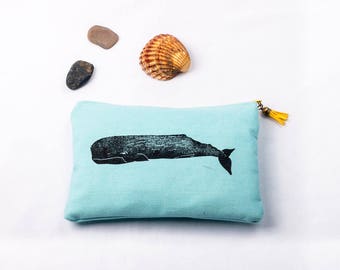 Hand printed cotton canvas clutch: Sperm whale