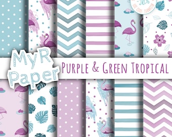 Flamingo digital paper: "Purple & Green Tropical" backgrounds with monstera leaves, flamingos, lotus and water lily. Digital Scrapbooking