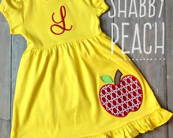 Back to School Dress, Apple Applique Dress, School Apple Dress, Apple Monogram Dress, First Day of School Dress