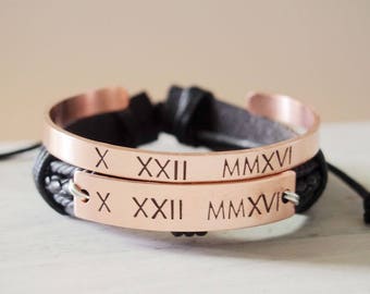 Personalized Roman numeral bracelet, couples bracelets, copper, Roman numeral jewelry, Roman numeral cuff Roman numeral id bracelet, Custom
