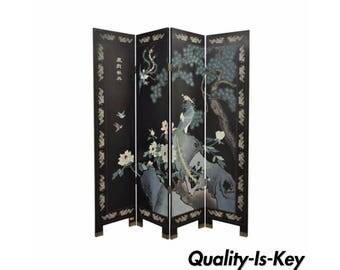 Vintage Oriental Asian Chinese Carved Painted Bird Dressing Screen Room Divider