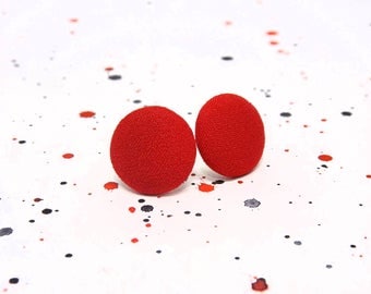 Red fabric stud earrings - Bright red stud earrings - Red fabric earrings - Red button earrings - Red post earrings - Free shipping