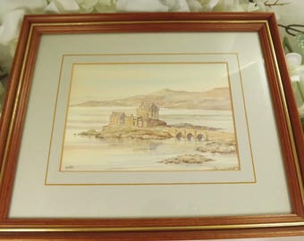 Eilan Donan , Scottish Castle Watercolour Print , Allan Morgan , Framed