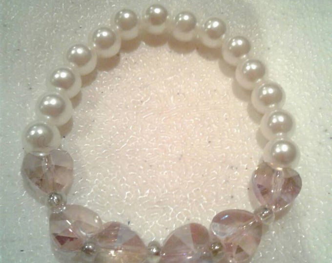 Small Pearl White Bead and Crystal Heart Beaded Bracelets