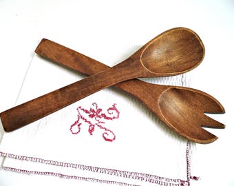 Vintage Set Salad Server Tossers Handcarved Wooden Spoon Fork Carved Turned Teak Wood Large Mixing Serving Utensils Kitchen Gadgets Decor
