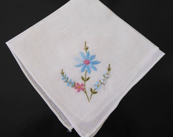 Vintage handkerchief with embroidered blue flowers #128