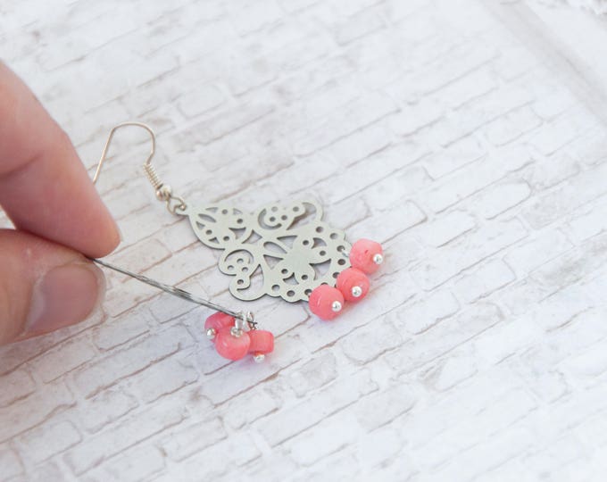 Coral chandelier earrings, Pink chandelier earrings, Pink coral earrings, Pink stone earrings