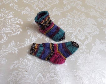 Baby socks, handknit, pink-green, 9 cm