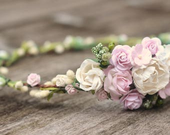 Blush and Ivory Floral Hair Wreath - Wedding Flower Crown Ivory - Wedding Hair Crown - Bridal Hair - Wedding Headpiece Woodland - Olive leaf