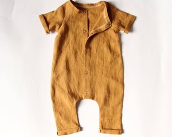 Handmade mustard linen romper. Unisex romper. Rolled hem romper. Summer romper. Boys romper. Toddler romper. Baby boy romper. Girls romper.