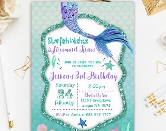 Mermaid Birthday Invitation, Under the Sea Invitation, Princess Birthday Invitation, Starfish Wishes and Mermaid Kisses Invitation Printable
