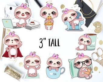 Kawaii Sloth Die Cut Planner Stickers / Kawaii Sloth Decals / Laptop Stickers / Kawaii Sloth Planner Stickers / Kawaii Sloth Stickers