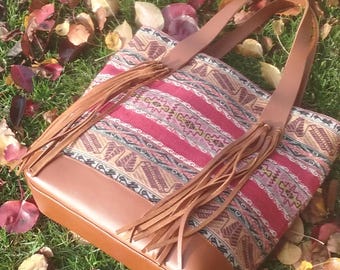 Handmade leather and handwoven tote bag