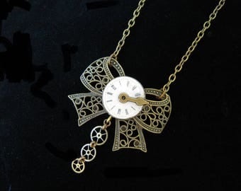 "Steampunk necklace" bow watch dial and needle "(strap) filigree"A514