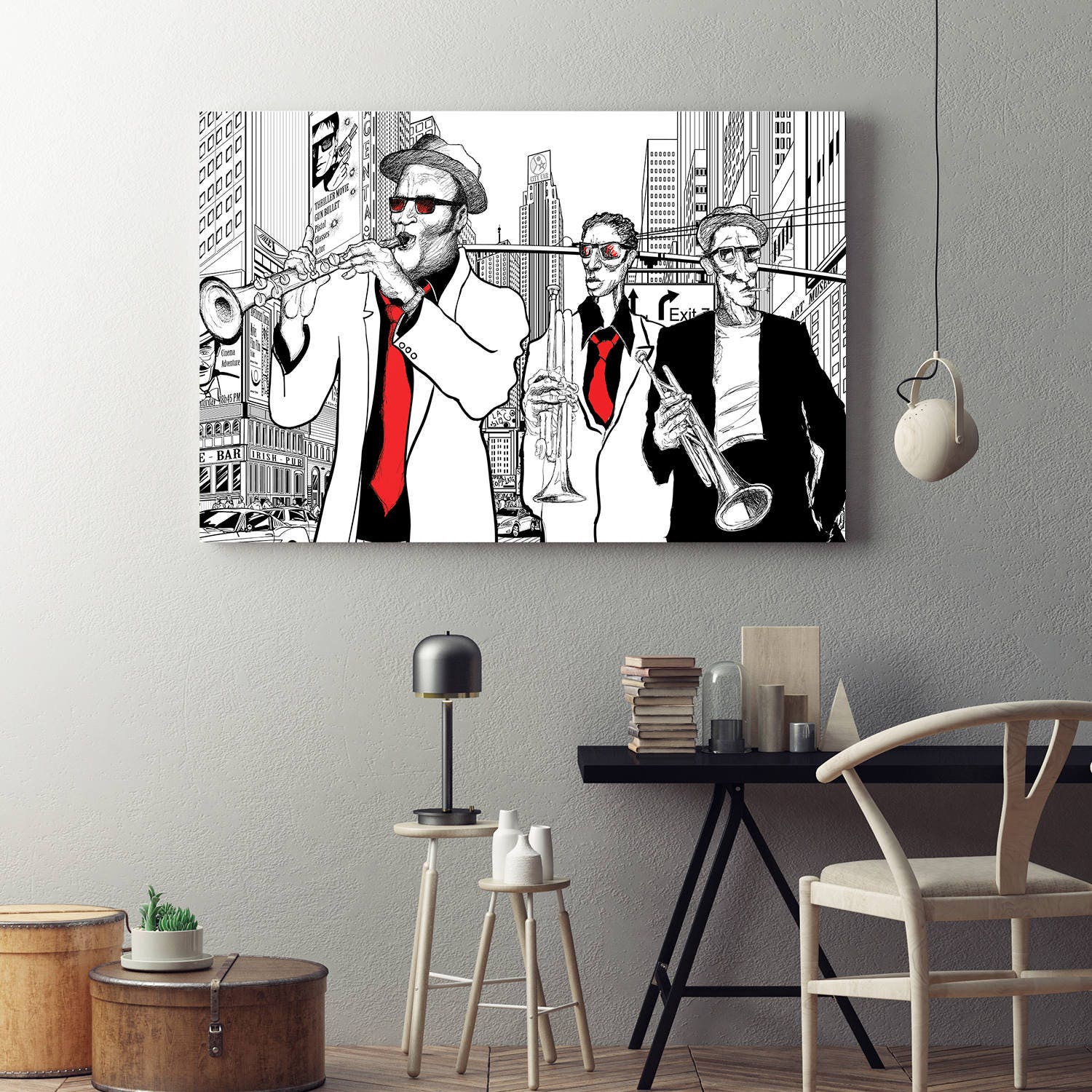 Street Jazz Trio Abstract Framed Canvas Wall Art Music Gift