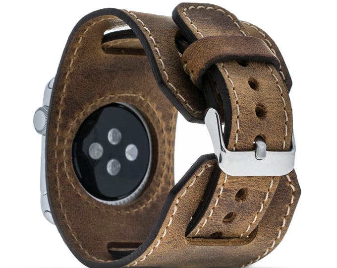 SALE Genuine Leather Watch-Cuff Band for Apple Watch, Wife Husband Gift, Apple Watch Leather Band 42mm for Series 3, 2 and 1 in Antique Came