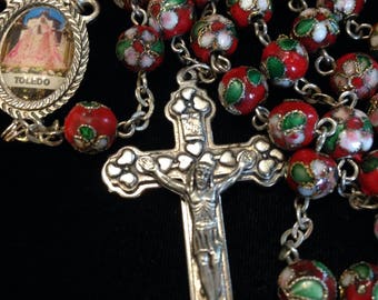 Vintage wired cloisonné red beaded rosary.