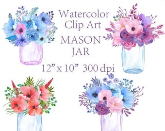 40%SALE Watercolor floral clipart Mason Jars Flower jars clipart wedding invitation floral arrangement greeting card invitation clipart wate