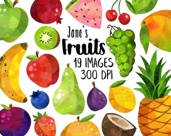 Watercolor Fruits Clipart - Produce Download - Instant Download - Orange - Apple - Strawberry - Blueberry - Plum - Fig - Banana