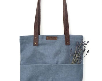 Tote Bag with Embossed Leather Handles - Sky Blue