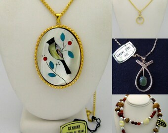 Vintage Necklaces 1970s - New Old Stock Wood & Shell Bead Necklace Mother of Pearl Genuine Opal Stone Genuine Jade Ichthys Fish Pendant