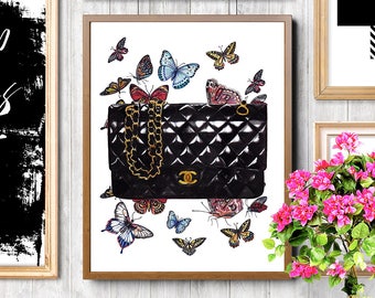 Chanel illustration, Chanel, Coco Chanel print, Chanel bag, Chanel classic bag, Fashion illustration, Fashion art print, Fashion accessories